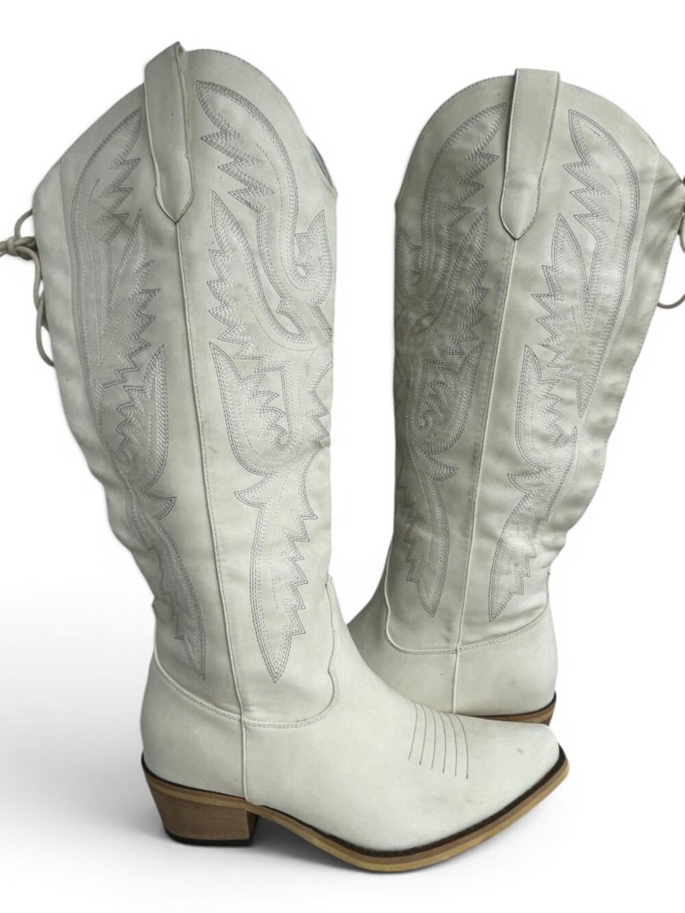 SAERA Tall Ivory Lace Up Faux Leather Biker Cowboy Western Boots Women's 8